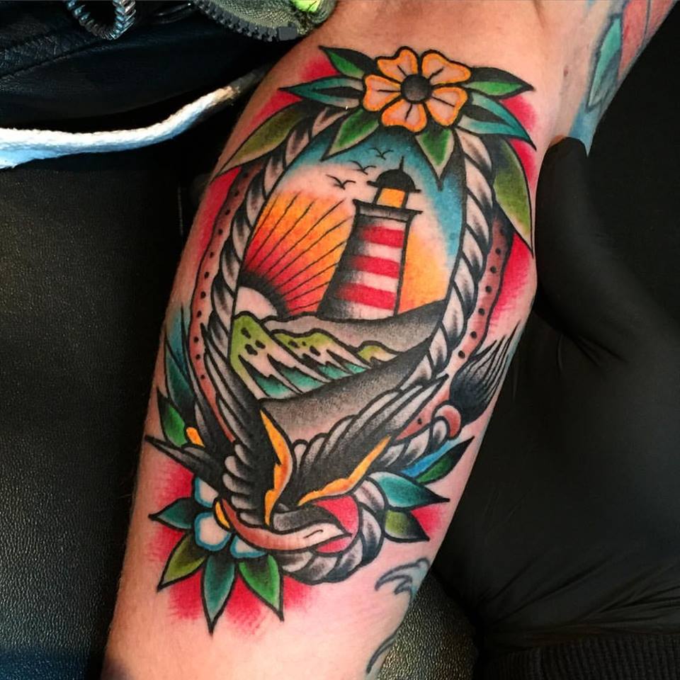 Traditional Lighthouse Tattoo On Arm by Samuele Briganti
