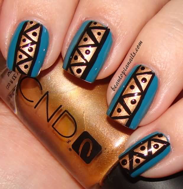 Turquoise And Gold Tribal Nail Art Design