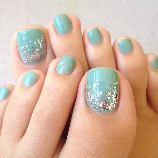 Turquoise Glitter Toe Nail Art