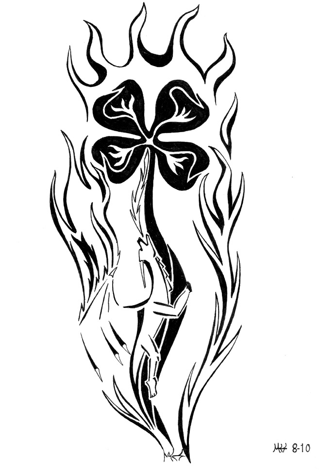 Unique Dragon With Flaming Four Leaf Shamrock Tattoo Stencil