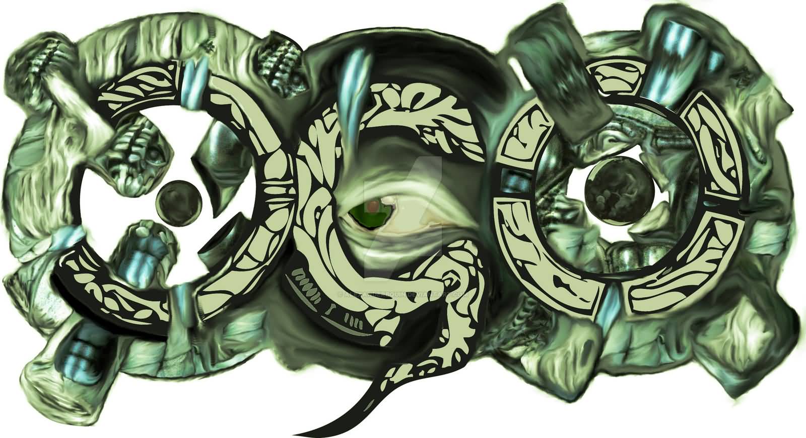 Unique Green Biomechanical With Eye Tattoo Design By AlexanderBQuin