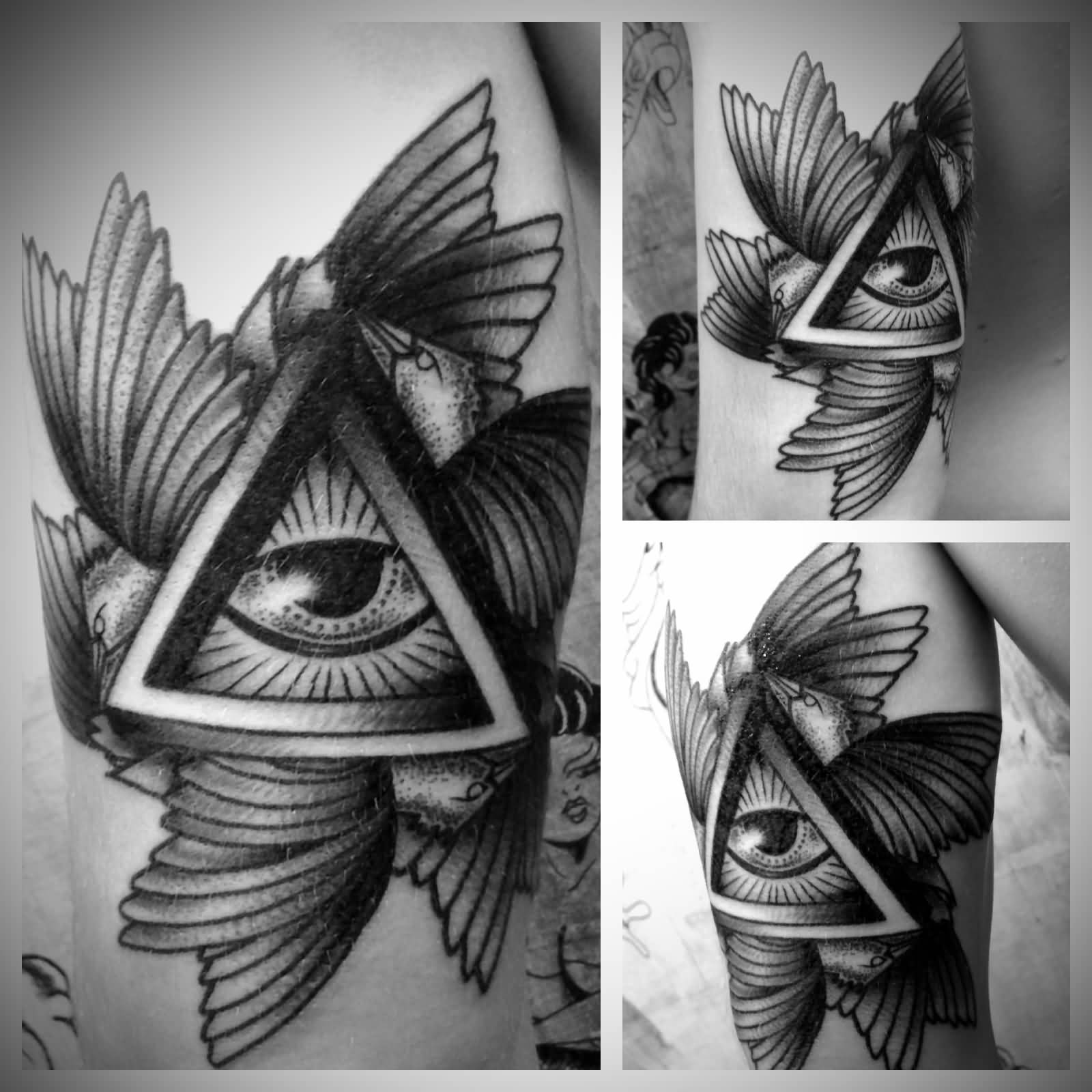 Unique Grey Ink Triangle Eye Tattoo On Sleeve