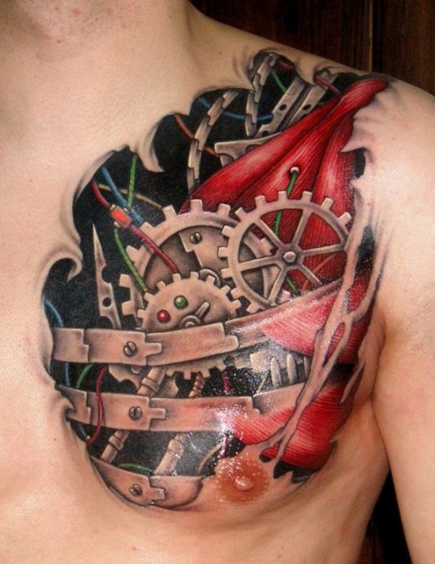 Unique Mechanical Engine Colored Tattoo On Left Chest