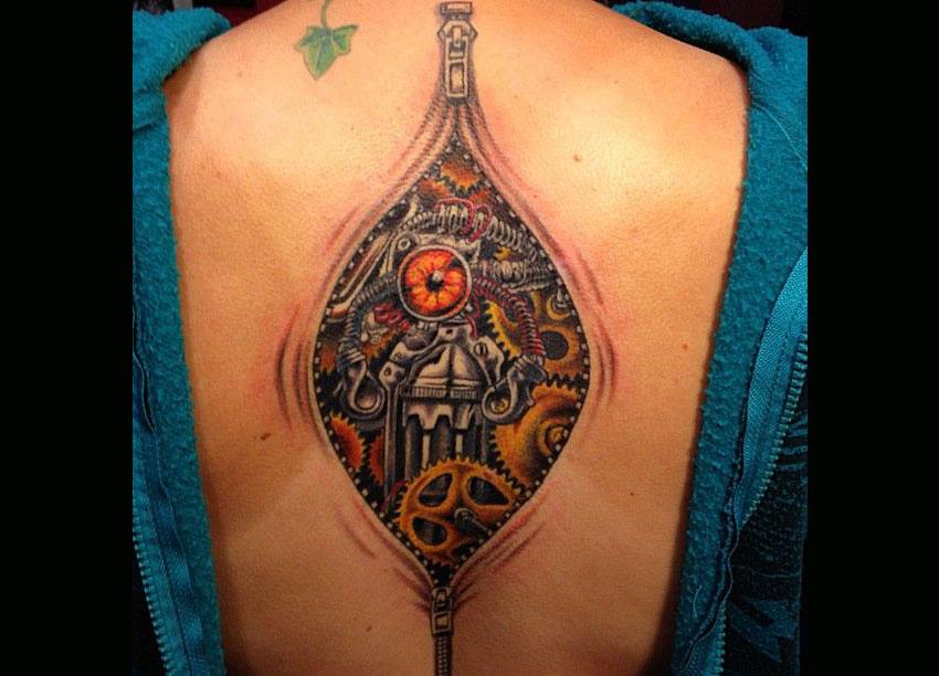 Unique Mechanical Gears Zipped Tattoo On Back