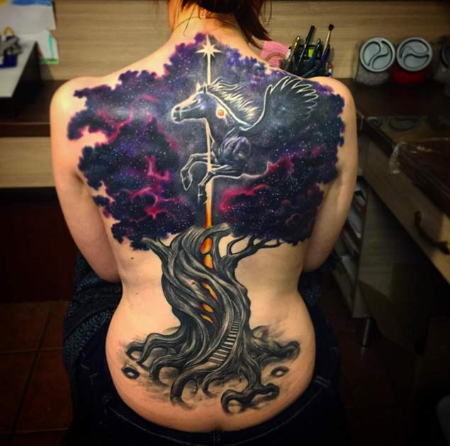 Unique Pegasus With Tree Color Tattoo On Full Back By Danielius Djackovas