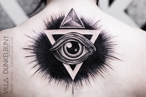 Unique Triangle Eye Tattoo On Upper Back