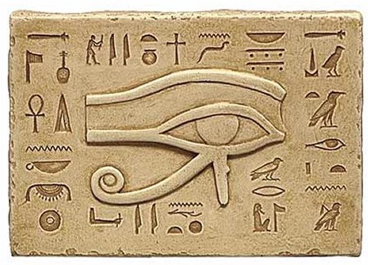 Very Nice Grey Horus Eye With Symbols Tattoo Design