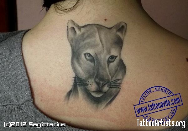 Very Nice Grey Puma Head Tattoo On Upper Back