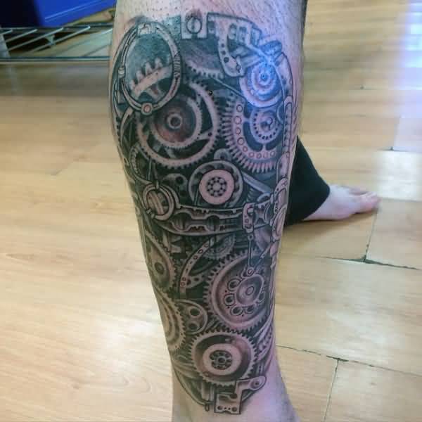 Very Nice Mechanical Gears Tattoo On Leg