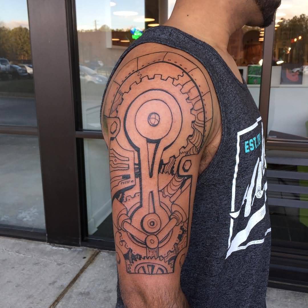 Very Nice Mechanical Gears Tattoo On Right Shoulder