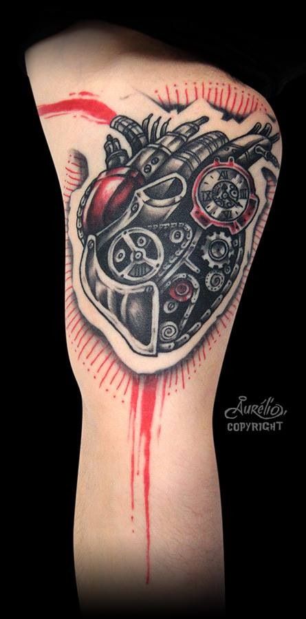 Very Nice Mechanical Heart Color Tattoo