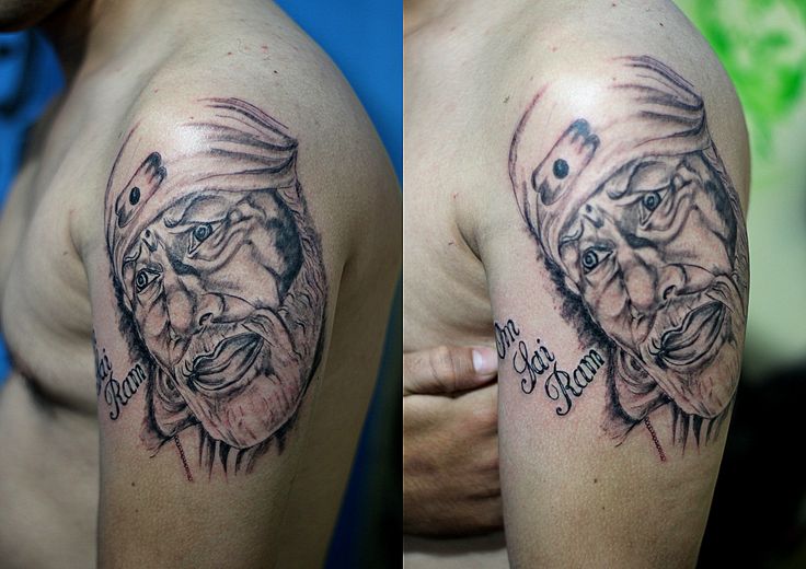 Very Nice Sai Bab with Lettering Left Shoulder Tattoo By Pranay Shah