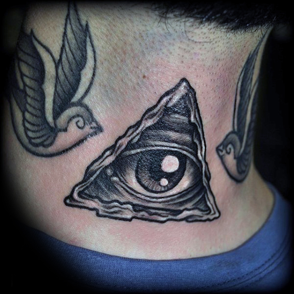 Very Nice Triangle Eye With Birds Tattoo On Back Neck