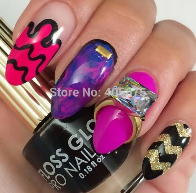 Water Marble Nails With 3d Diamond Ring Nail Art