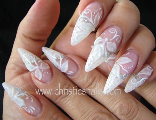 White 3D Flowers Stiletto Nail Art