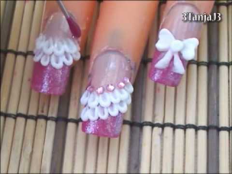 White 3D Lace And Bow Nail Art Design