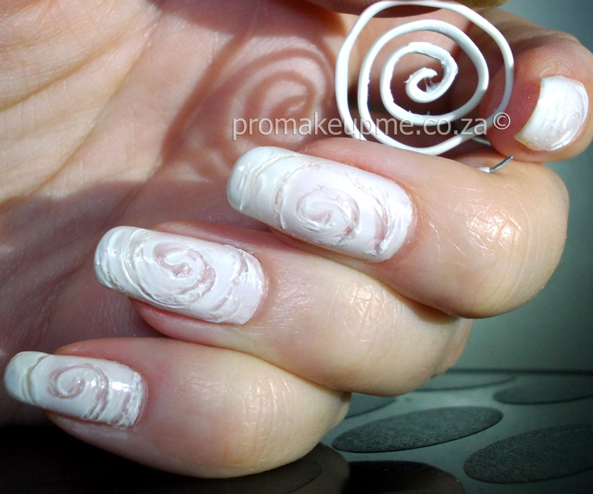 White Acrylic Spiral Nail Art Design Idea