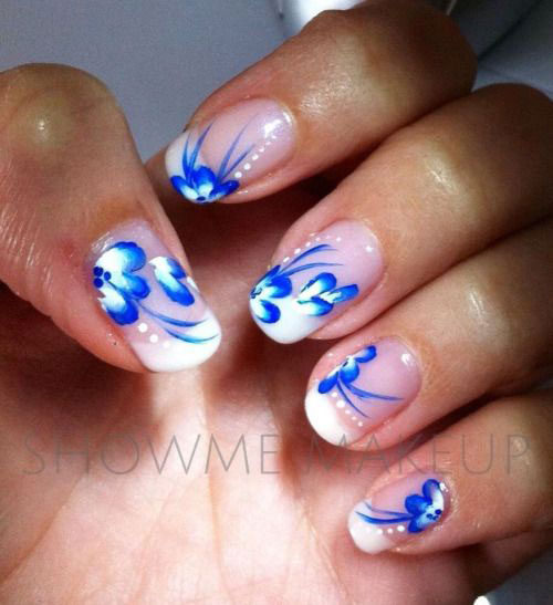 White And Blue Summer Flowers Nail Art