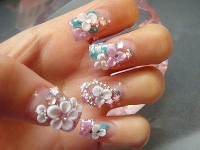 White And Pink 3D Flowers Nail Design