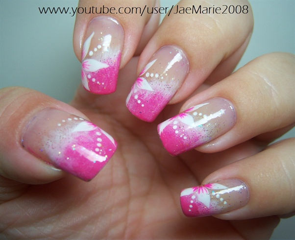 White And Pink Ombre With Flower Design Birthday Nail Art