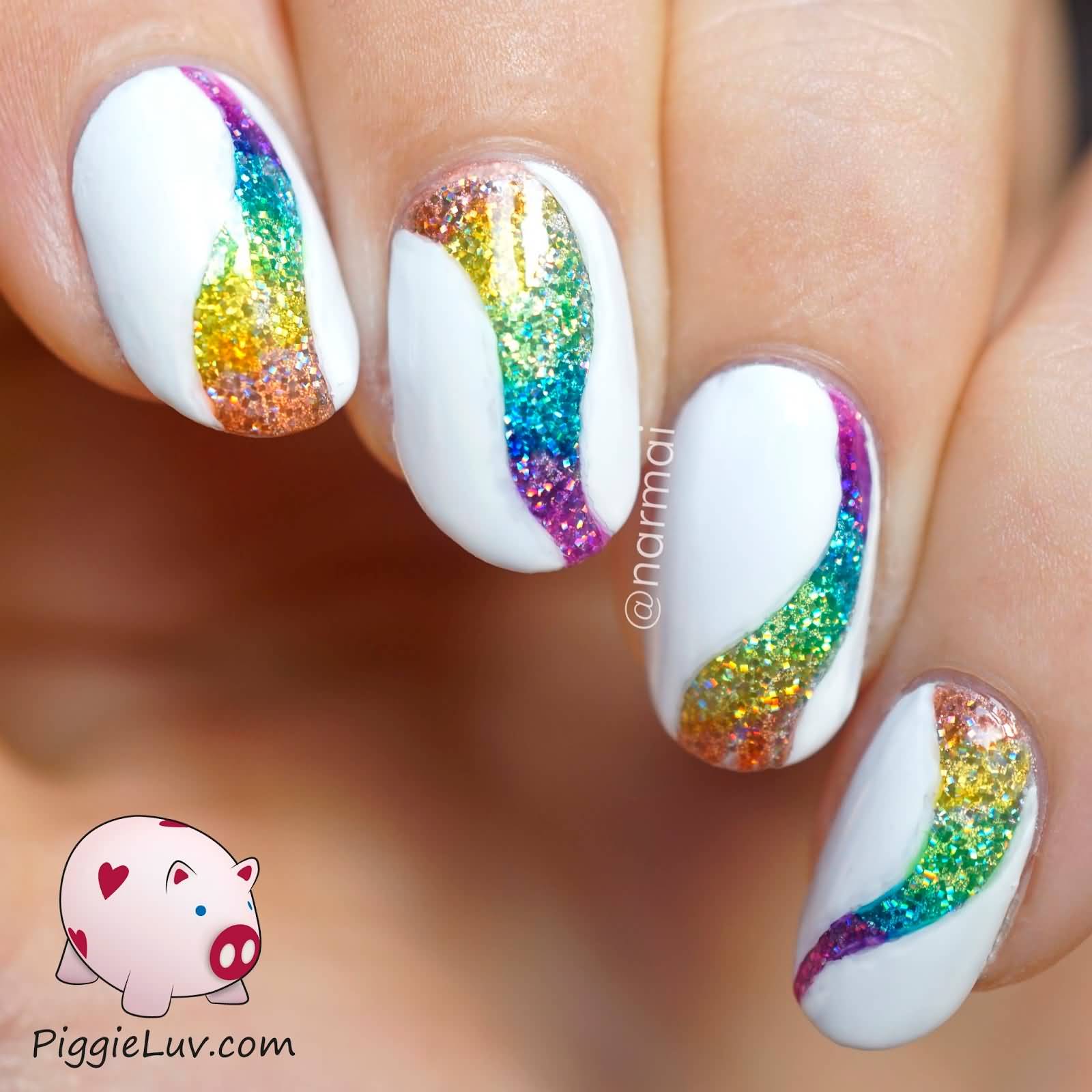 White Base Nails With Rainbow Glitter Nail Art