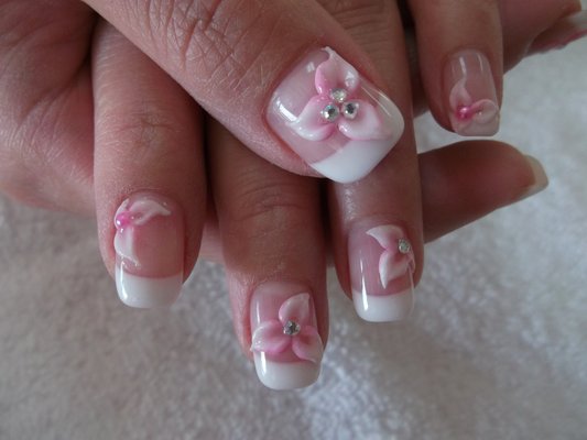 White French Tip With Pink 3D Flowers Nail Art