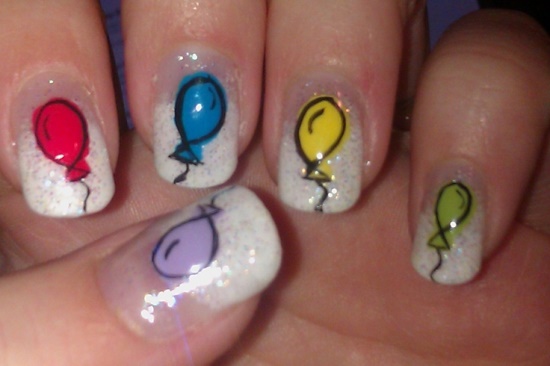 White Gel Nails With Colorful Balloons Birthday Nail Art