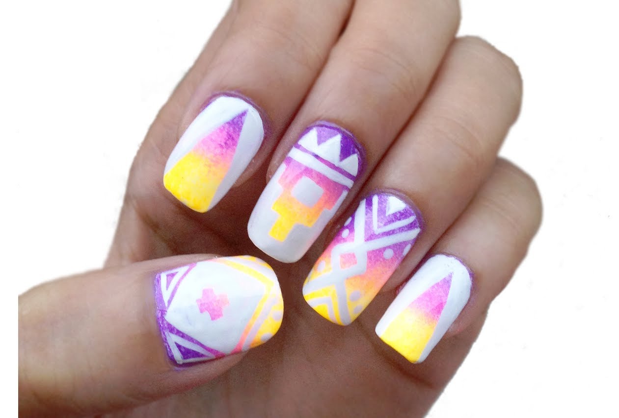 White Matte Nails With Gradient Tribal Nail Art