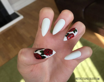 White Matte Stiletto Nails With Red Rose Flowers Design