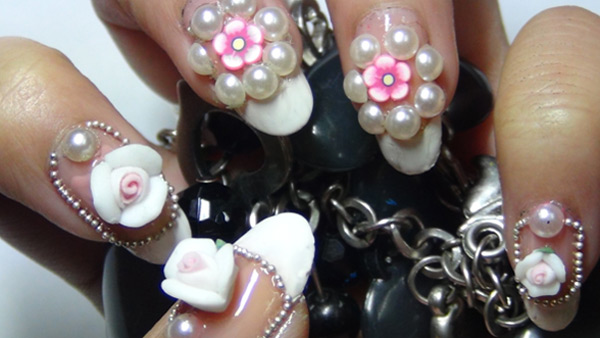 White Pearls And 3D Rose Flower Nail Art