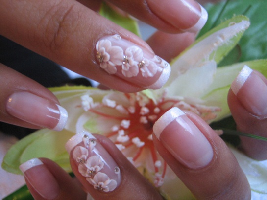 White Tip 3D Flowers Nail Art