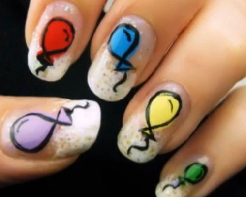 White Tip And Colorful Balloons Birthday Nail Art