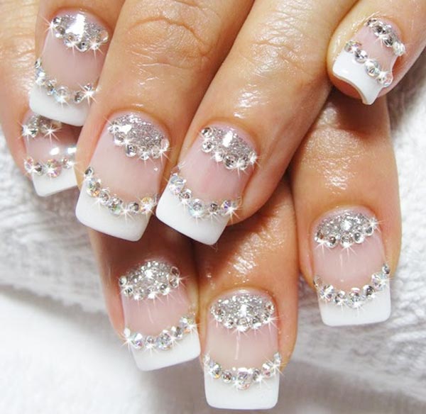 White Tip And Glitter Wedding Nail Art Design Idea