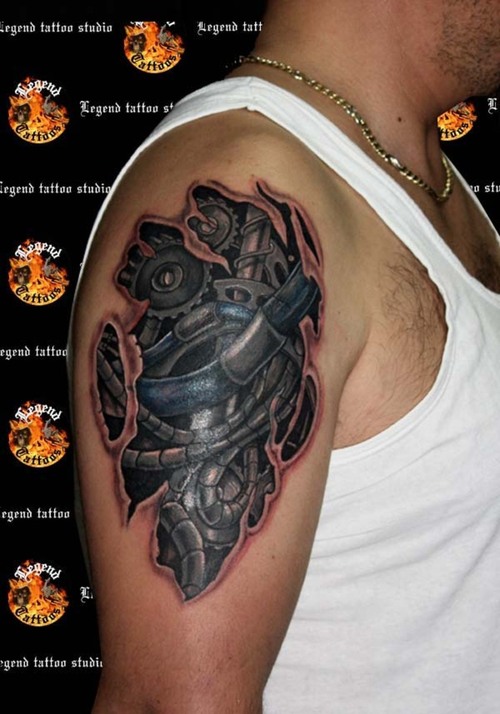Wonderful 3D Grey Mechanical Right Shoulder Tattoo