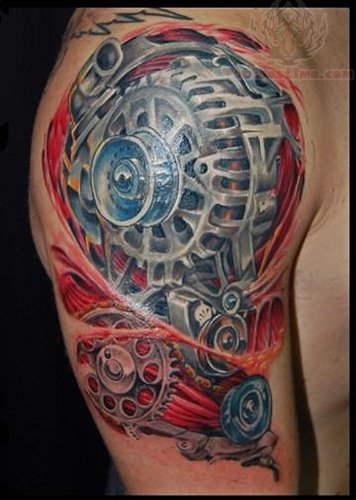 Wonderful 3D Mechanical Color Tattoo On Left Shoulder