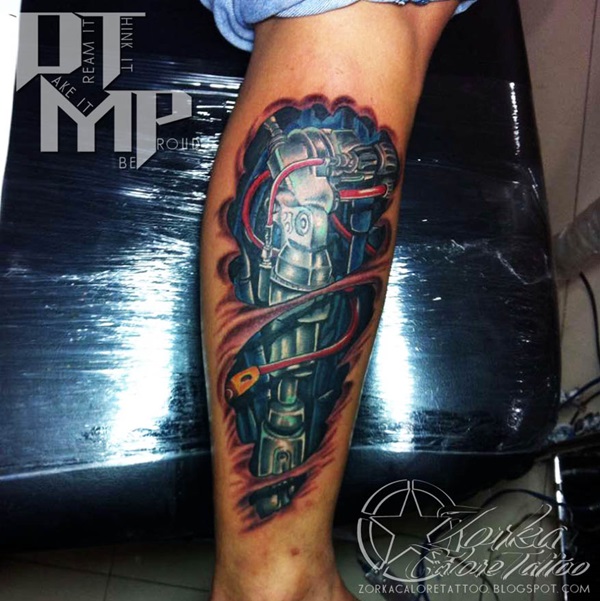 Wonderful 3D Mechanical Color Tattoo On Leg