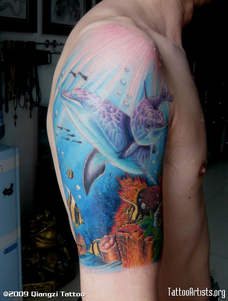 Wonderful 3D Saltwater Fishes And Whale Colored Tattoo