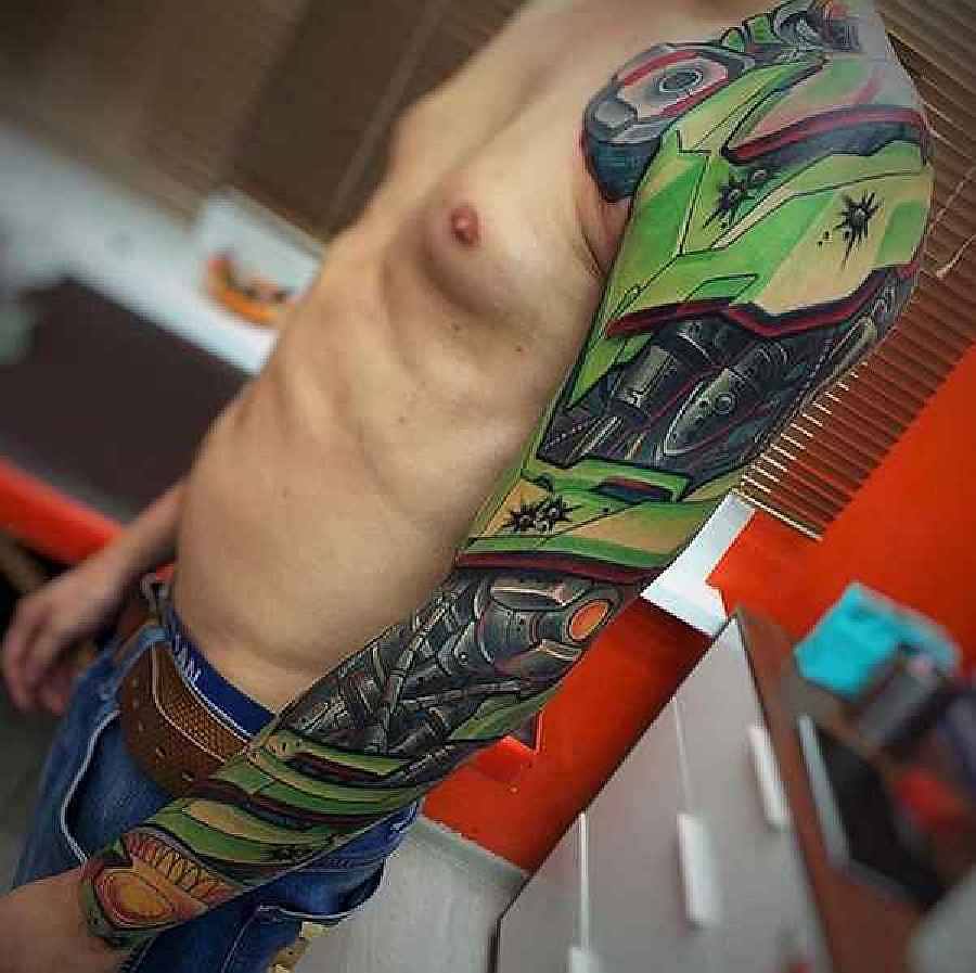 Wonderful Biomechanical Color Tattoo On Left Full Sleeve By El Tattoos