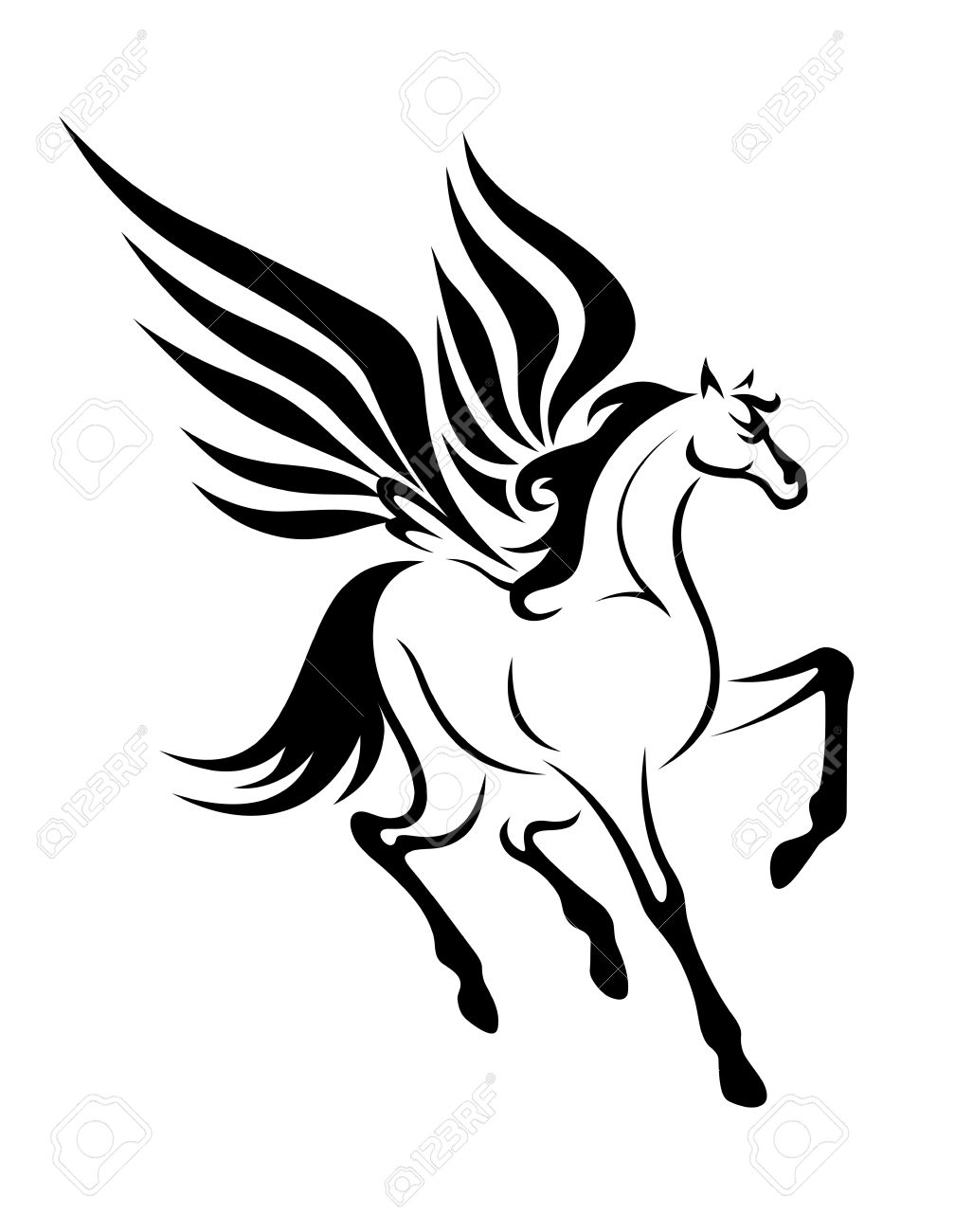 Black Pegasus horse with wings for tattoo. Vector illustration