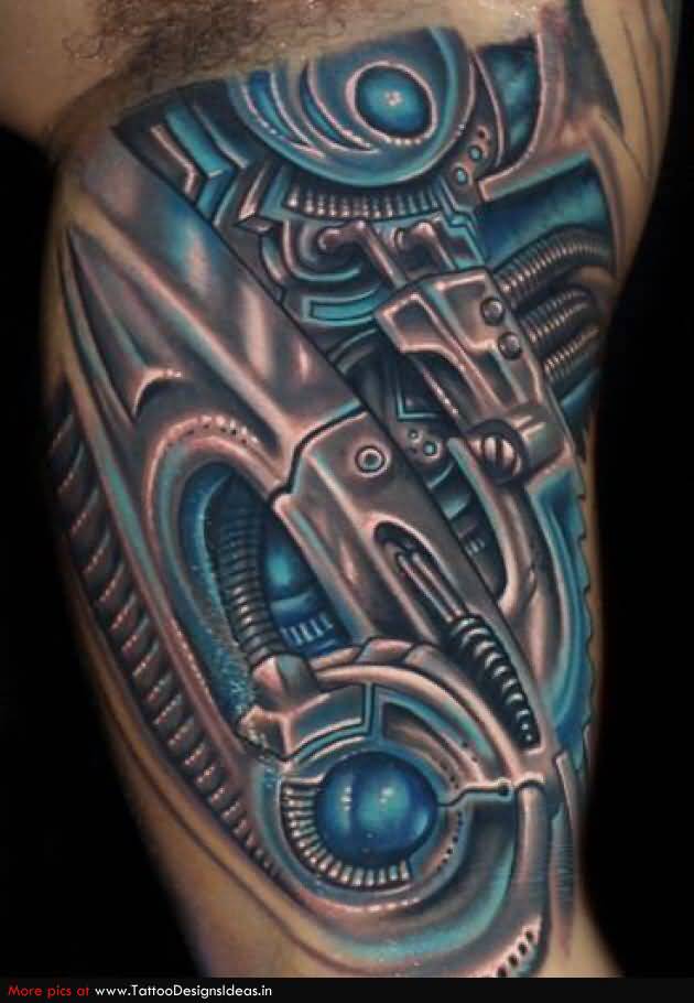 Wonderful Blue And Grey Mechanical Tattoo