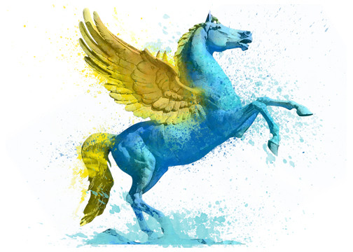 Wonderful Blue Pegasus With Yellow Wings Watercolor Tattoo