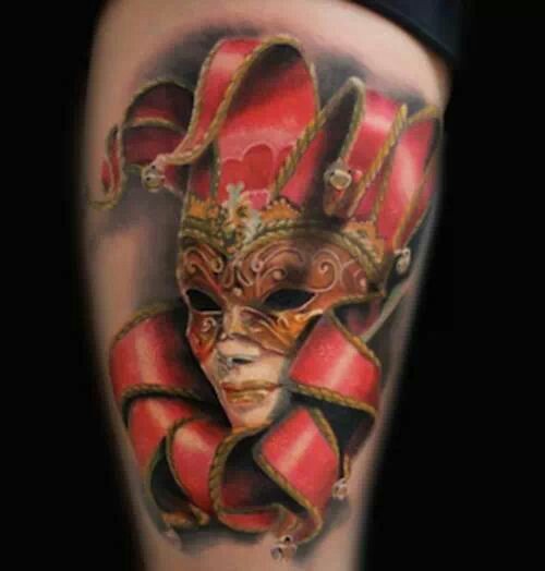 Wonderful Color Ink Female Jester In Mask Tattoo