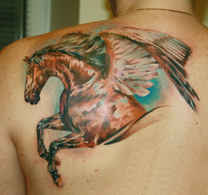 Wonderful Color Ink Pegasus Tattoo On Upper Back