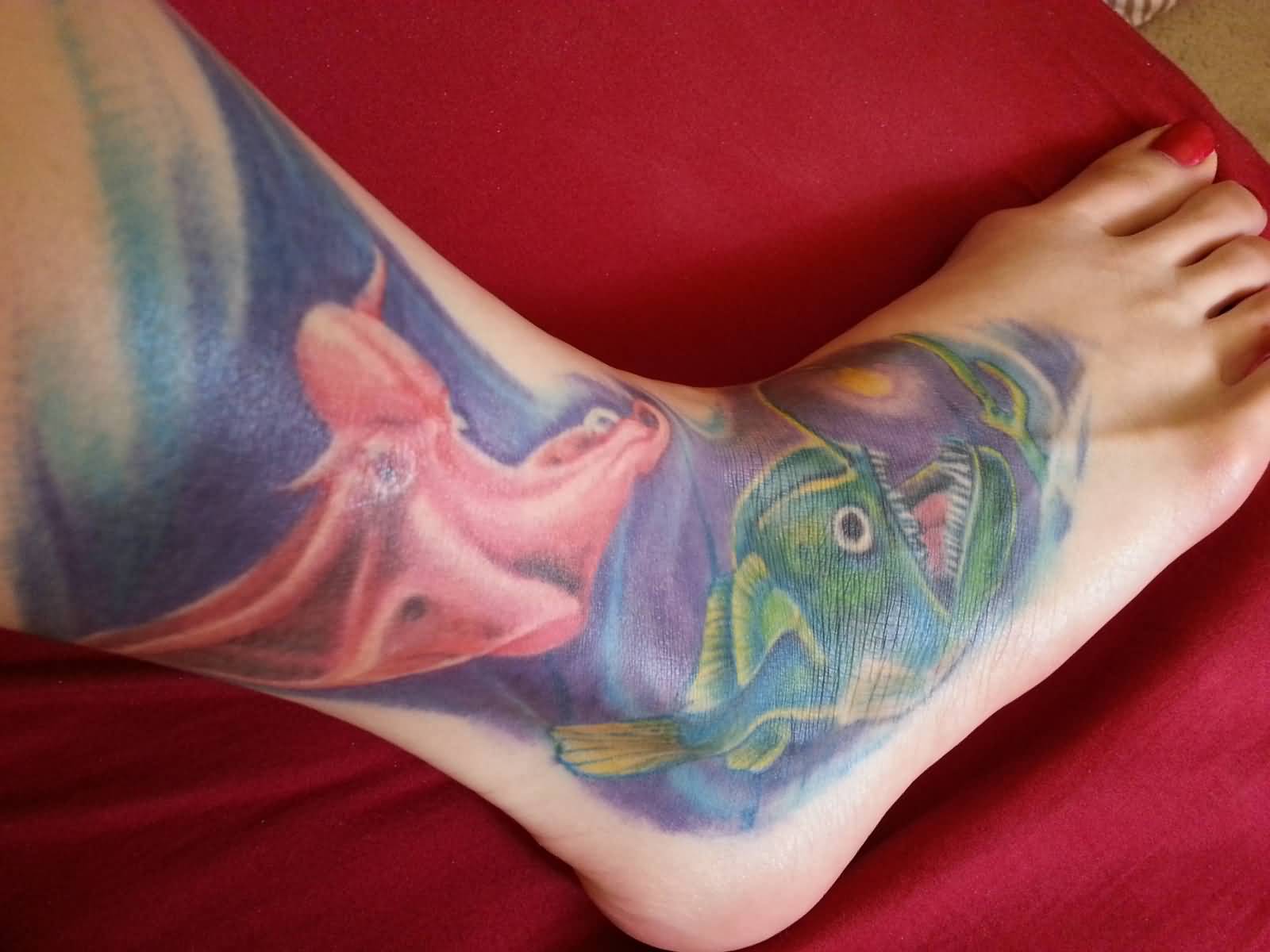 Wonderful Deep Sea Creatures Tattoo On Ankle And Foot By Oscar Z