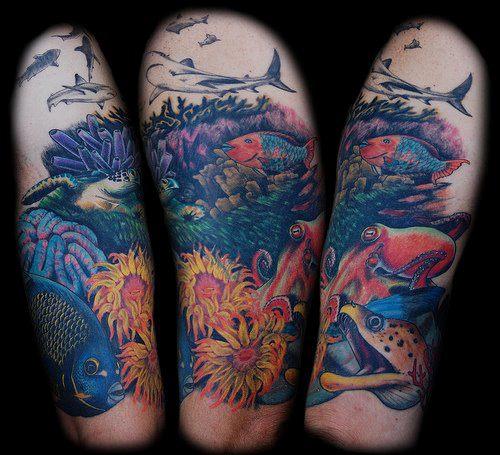 Wonderful Deep Sea Under Water Fish And Sharks Tattoo