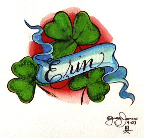 Wonderful Erin Word On Banner With Shamrock Leaves Color Tattoo Design