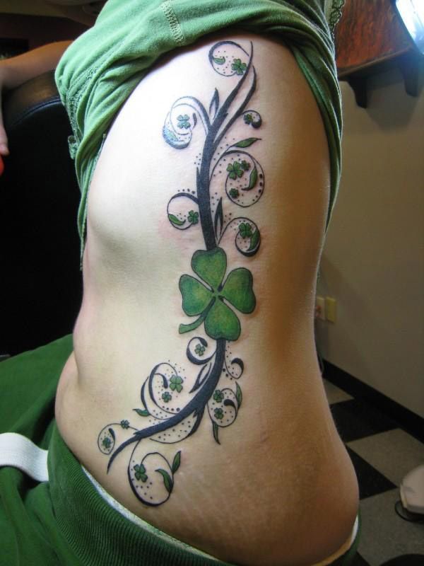 Wonderful Four Leaf Shamrock  Tattoo On Side Rib