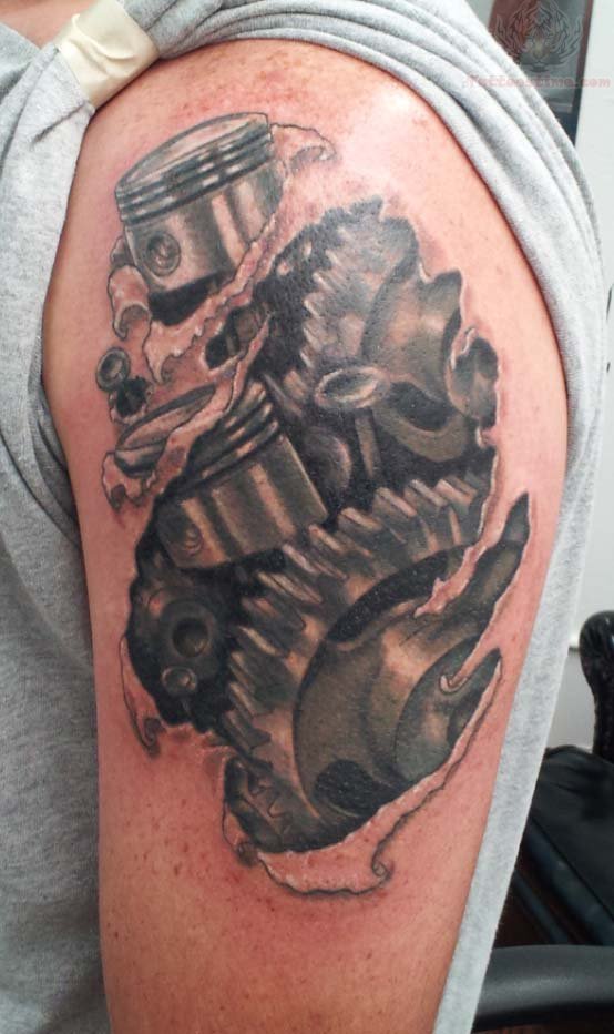 Wonderful Grey 3D Mechanical Engine Shoulder Tattoo