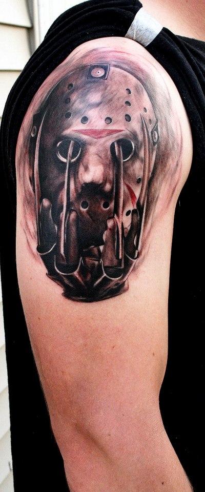 Wonderful Grey And Black Jason Mask With Freddy Glove Tattoo On Right Shoulder