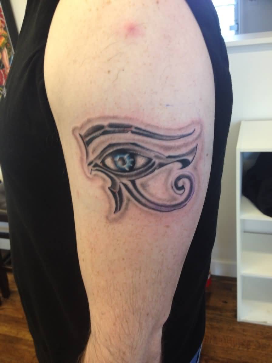 Wonderful Grey Color Horus Eye Tattoo On Left Half Sleeve